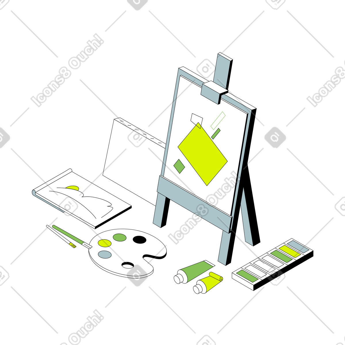 Staffelei und farben für einen traditionellen künstler-Illustration im Isometric-Stil als Download in PNG, SVG