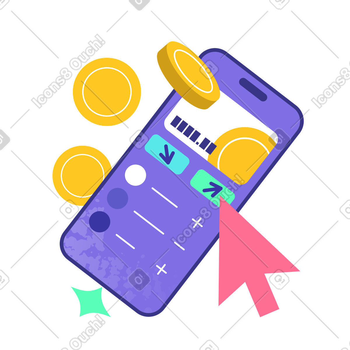Ilustração de Transferência digital dinheiro na tela do celular, internet banking e gestão finanças pessoais em no estilo Bright para baixar em PNG, SVG