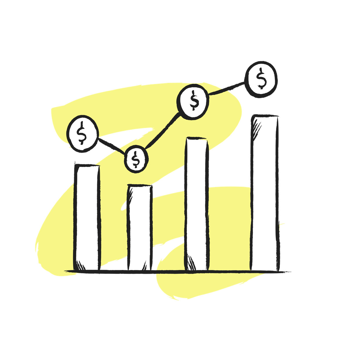 Pixeltrue icons 스타일의 Upward trend bar graph with currency markers, Compound interest and investment growth 일러스트레이션 PNG, SVG 다운로드