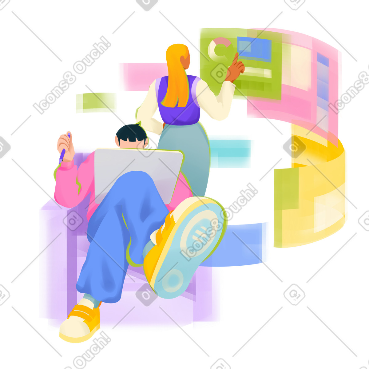 Analysts strategizing with graphs and metrics illustration in PNG, SVG