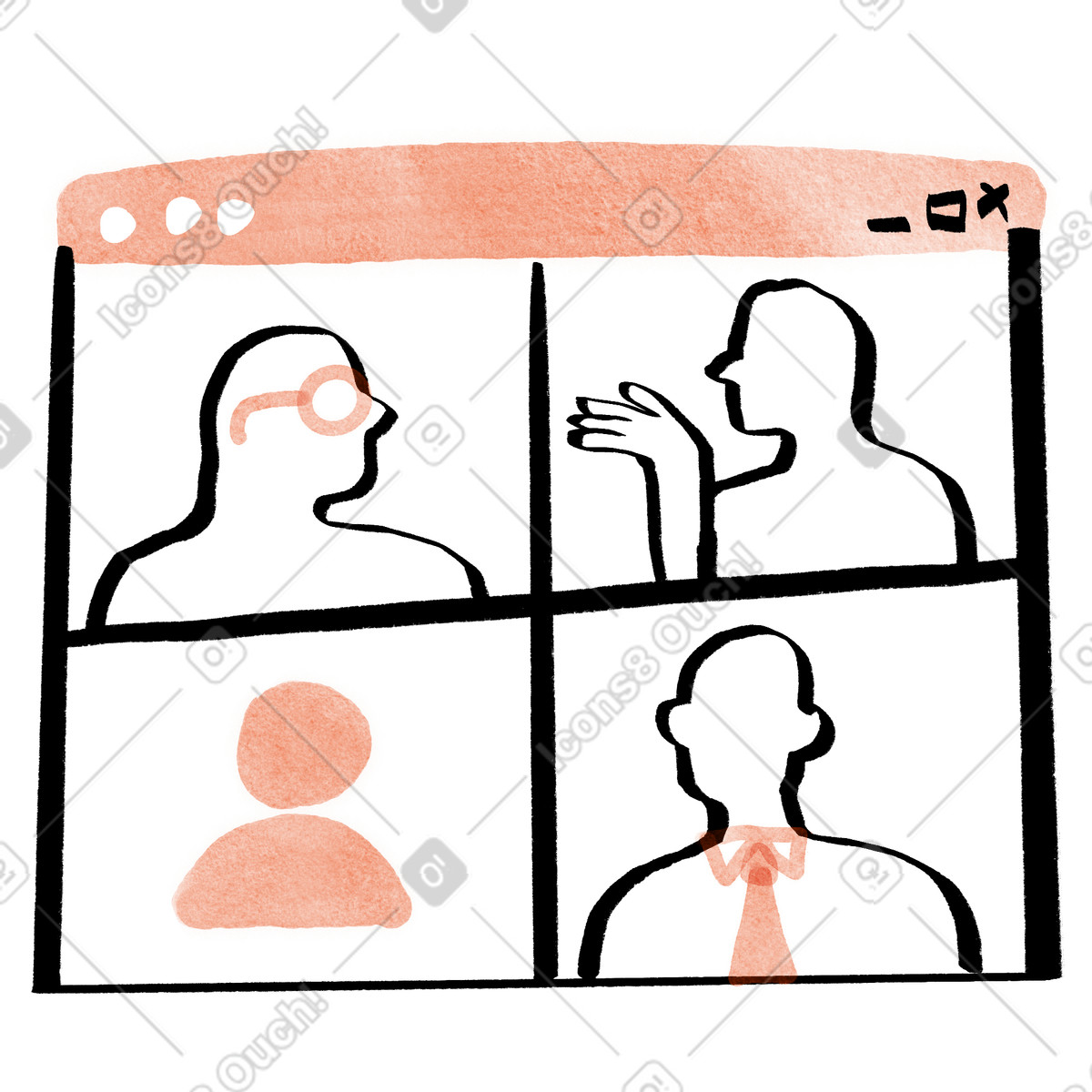 Business team online meeting in desktop app window illustration Hand-drawn animation style download PNG, SVG