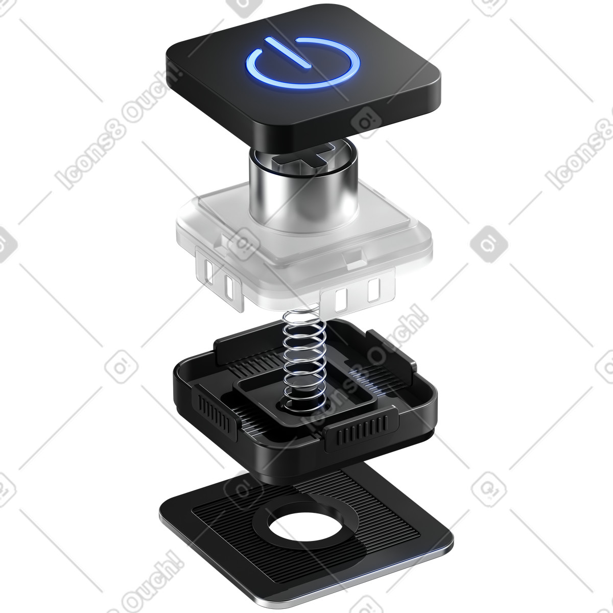 3D Metallic スタイルの Power button exploded view with spring and layered switch housing のイラストをPNG、SVG形式でダウンロード