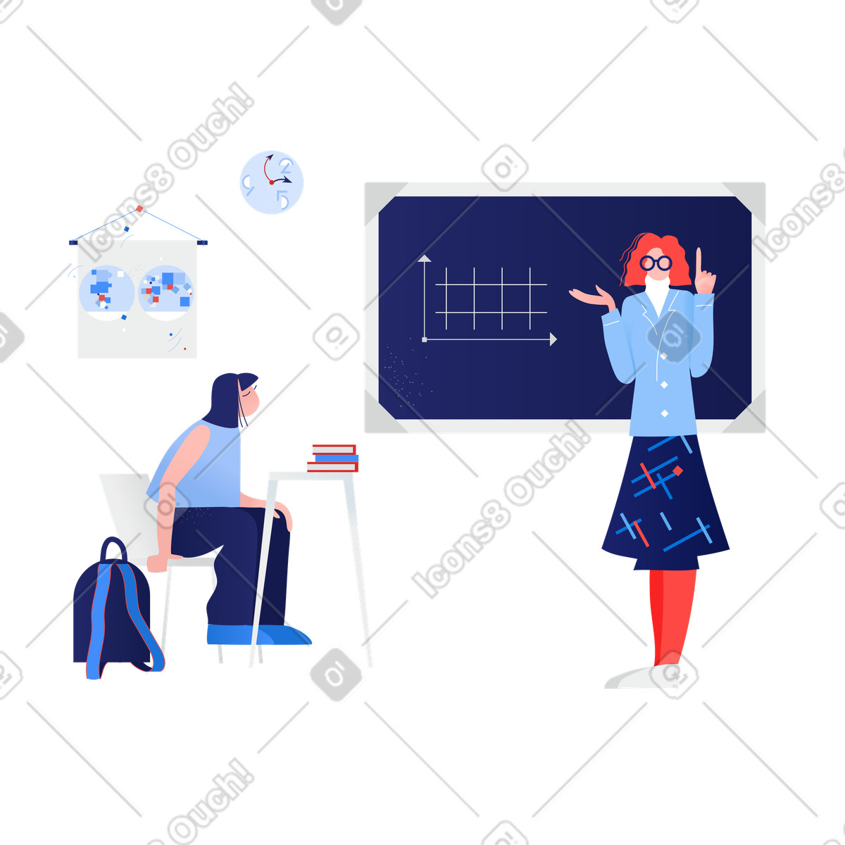 School teacher teaches pupil illustration clipart image for educators in PNG, SVG, GIF