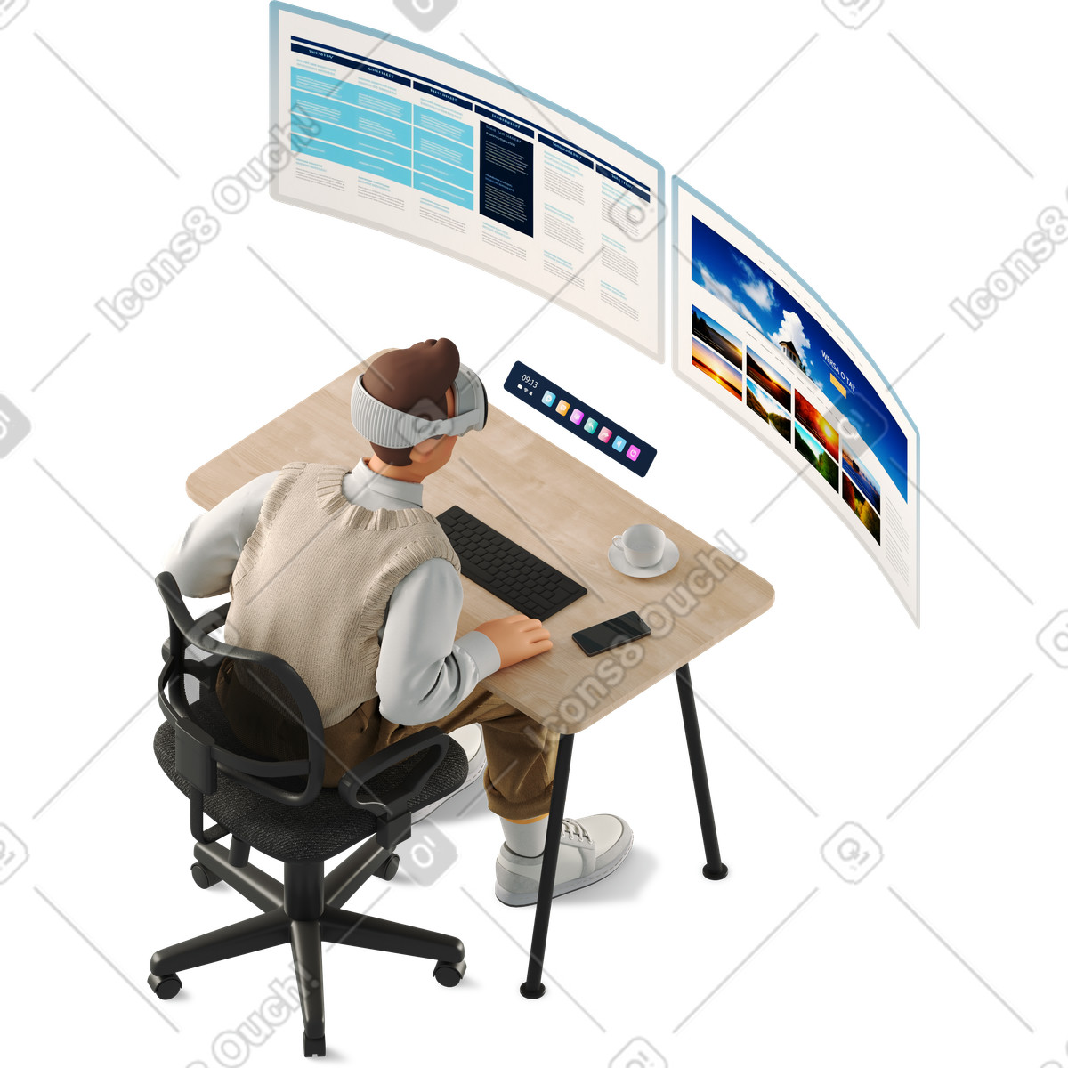 Ilustración Young man in vr glasses sitting at his desk en estilo 3D Business a descargar en PNG y SVG