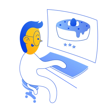 A person reviewing a dessert on a computer - Buddy style illustration