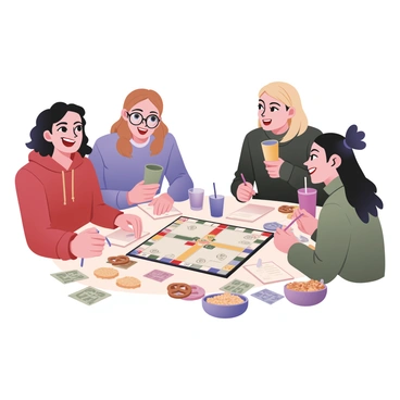 A digital flat illustration depicting a group of four friends gathered around a table, playfully engaged in a game of Monopoly. The friends are diverse in appearance: one has curly black hair and wears glasses, another has straight brown hair and is wearing a red hoodie, the third friend has short blond hair and is dressed in a blue shirt, while the fourth has long dark hair tied in a ponytail and is wearing a green sweater. 

They are surrounded by colorful game pieces, large Monopoly money spread out on the table, and a classic Monopoly board with various properties clearly visible. Each friend is holding a notepad, jotting down exciting new rules. The atmosphere is lively, with smiles and laughter evident on their faces. A bowl of snacks, such as chips and pretzels, is placed on the table to enhance the fun vibe. A brightly colored drink sits in front of each friend, adding a festive touch to the scene.