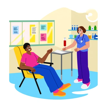A person sitting on a comfortable reclining chair in a well-lit clinic while donating blood. The individual has a relaxed expression, with a bandage on their arm where the blood is being drawn. Next to them stands a nurse, wearing scrubs and a friendly smile, gently holding the person's hand for comfort. The background features colorful posters promoting health and wellness on the walls, and a shelf filled with medical supplies. A window lets in warm sunlight, creating a welcoming atmosphere in the clinic.