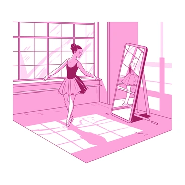 A pink ballet dancer is practicing her routine in an empty studio. The dancer is wearing a fitted pink leotard and a flowing tutu. Sunlight streams through the large floor-to-ceiling windows, casting soft shadows on the polished wooden floor. A large mirror reflects the dancer's graceful movements as she performs a series of precise pirouettes and arabesques. In the corner of the studio, there is a simple white barre that the dancer occasionally uses for support. The atmosphere is focused and serene as the dancer dedicates herself to perfecting her art.