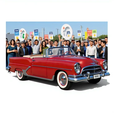A vintage car in a glossy deep red finish, showcasing chrome accents and classic lines, is prominently displayed at an outdoor auction. The car features whitewall tires and a convertible top, giving it an elegant appearance. Surrounding the car are enthusiastic bidders of various ages, some with raised hands signaling their interest, while others engage in animated conversations. The background includes a blue sky and bright sunlight, enhancing the lively atmosphere of the auction. Various colorful banners and signs indicating bidding numbers are visible, adding to the event's vibrant energy.