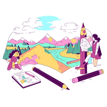 A vast landscape made entirely of pencils extends across the horizon, forming rolling hills and jagged mountains. The ground is a textured surface resembling sharpened pencil tips, varying in height and shape. Colorful sketches of trees, rivers, and clouds are drawn in vibrant hues across the scene. Several characters, dressed in adventurous attire, are exploring the terrain, climbing pencil-shaped hills and gazing at the hand-drawn sky, filled with whimsical clouds. One character is sketching on a notepad, capturing the beauty of the landscape, while another is playfully balancing on a giant pencil.
