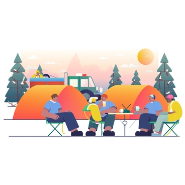A temporary camp is set up near the fire line, consisting of several bright orange tents arranged in a semi-circle. Firefighters with various skin tones are seated on portable chairs around a wooden table, engaged in discussion while holding mugs of coffee. Some are wearing yellow protective gear and helmets, while others are dressed in blue uniforms. In the background, a large fire truck is parked, equipped with hoses and tools. Trees with charred bark outline the perimeter of the camp, and wisps of smoke can be seen rising from the distant flames. The sky above is a soft gradient of orange and pink, indicating the late afternoon sun.