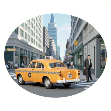 A vintage American taxi, painted bright yellow, is parked at a curb in downtown Manhattan. The taxi has a classic design with a checkerboard pattern on the sides and a "TAXI" sign illuminated on top. A male passenger, dressed in a dark suit and holding a briefcase, is stepping out of a nearby building towards the taxi. Skyscrapers rise in the background, with large windows reflecting the bustling city. The street is busy, with pedestrians walking by and a cyclist passing, adding to the lively urban atmosphere.
