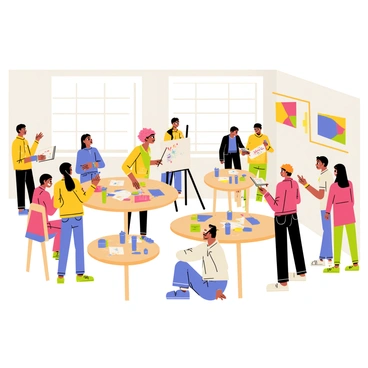 A spacious workshop room filled with artists engaged in conversation. Several round tables are arranged throughout the room, each with various art supplies like paints, brushes, and sketchbooks scattered around. In one corner, a female artist with curly hair demonstrates her painting techniques on a canvas, while a small group of attentive listeners watches closely. Another artist is showing a sketch to two others, who are taking notes. The walls are adorned with colorful artwork created by the participants, showcasing a variety of styles. Large windows allow natural light to fill the space, creating a warm and inviting atmosphere.
