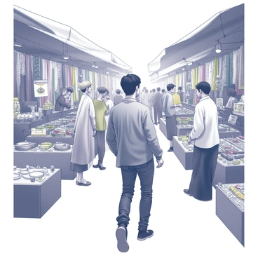 A person with an introspective demeanor is walking through a crowded market. The individual has an air of curiosity, observing the vibrant stalls filled with various handcrafted items. Surrounding them, local artisans are seen engaging with customers, showcasing their unique creations. One artisan is demonstrating their craft, while another is displaying a collection of intricate jewelry. The market is bustling with people, and colorful fabrics and goods fill the scene, highlighting the rich culture of the foreign country.