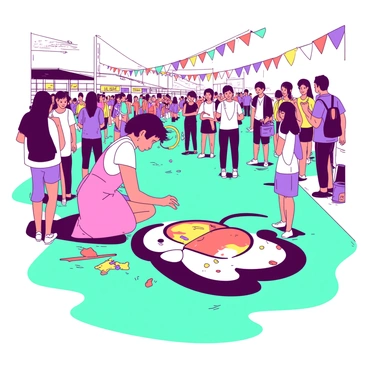 A teal sidewalk is adorned with a vibrant chalk art piece depicting a large, colorful butterfly. An artist, wearing a pink apron, is kneeling on the ground, carefully adding intricate details to the butterfly's wings using various colored chalks. Surrounding the artist are scattered pieces of chalk in shades of yellow and orange. Many onlookers, including children, are gathered nearby, watching in amazement as the artwork progresses. The atmosphere is lively and filled with energy from the fair. A few vibrant flags and banners are visible in the background, fluttering in the breeze.