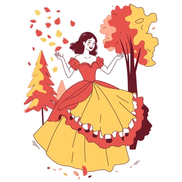 A warm-toned ball gown is worn by a figure standing gracefully among a flurry of falling autumn leaves. The gown features intricate details, with layers flowing elegantly to the ground. Golden and red leaves swirl around the figure, creating a vibrant atmosphere. The background is filled with soft blurred trees showcasing shades of orange and brown, enhancing the autumn setting. The figure has arms slightly raised, as if inviting the leaves to dance around them, adding to the dynamic scene.