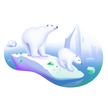 A scene depicting "polar bears" on a "melting ice cap," showcasing their white fur contrasting against the pale blue and white of the ice. The ice cap is fragmented, with visible cracks and small pieces floating in the surrounding "open water." The water reflects the pale sky, while additional icebergs can be seen in the distance. One bear is standing on the ice while another is playfully sliding down a slope, emphasizing their natural behavior in this changing environment.