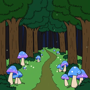A dense forest filled with tall, lush trees that have thick, green foliage. The ground is covered with vibrant green moss. Scattered throughout the forest are clusters of mushrooms in various sizes, glowing softly in shades of blue and purple. Among the mushrooms, small, bright fireflies are flitting around, their tiny lights twinkling in the dim light of the forest. A narrow, winding path leads deeper into the woods, lined with more glowing fungi, creating a whimsical atmosphere.