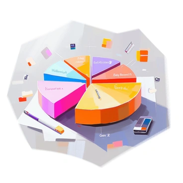 A segmented pie chart is displayed prominently, divided into several colorful sections representing different customer groups. Each segment is labeled with text indicating the specific customer group, such as "Millennials," "Generation X," "Baby Boomers," and "Gen Z." Surrounding the chart are small icons or symbols that visually represent each group’s associations with various brands, such as a smartphone for Millennials or a classic car for Baby Boomers. The background is a clean, neutral color that enhances the clarity of the chart and its colorful segments.