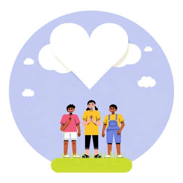 A fluffy cloud shaped like a heart floats in a bright blue sky filled with small, white clouds. Below the heart-shaped cloud, a group of three children with diverse skin tones stands on green grass. They look up with wide smiles, their hands clasped together in front of them. Each child is dressed in colorful clothing – one in a red shirt, another in a yellow dress, and the third in blue overalls. The sun shines brightly, casting soft shadows on the ground. The children are gazing at the cloud, their faces filled with joy as they make wishes.