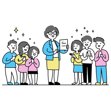 A teacher standing on a stage, holding a certificate of achievement in one hand, displaying a proud smile. The teacher is wearing a blue blazer and glasses, with short dark hair. Surrounding the teacher, there are students and parents, all of them clapping their hands and smiling. The students are a diverse group, with varied hairstyles and clothing styles, while the parents are dressed in casual attire, some holding phones to capture the moment. The stage is adorned with simple decorations, emphasizing the celebratory atmosphere.