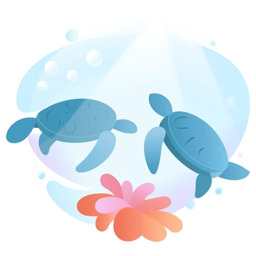 A pair of sea turtles are swimming gracefully in clear turquoise water. The turtles have smooth, patterned shells and long flippers that propel them through the water. Below them, a vibrant cluster of sea anemones is swaying gently with the current, showcasing a range of orange and pink hues. Soft beams of sunlight penetrate the water, creating a serene atmosphere and illuminating the scene with warm light. Bubbles rise from the turtles, adding a playful element to the underwater environment.