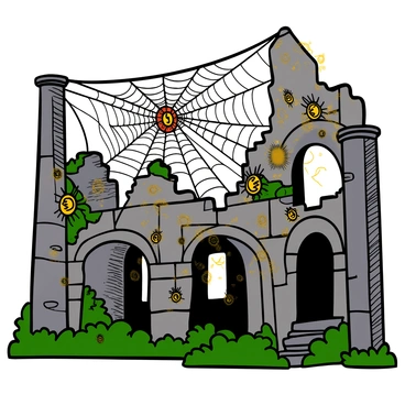 A scene depicting ancient ruins with crumbling stone structures and overgrown vegetation. The ruins are covered in extensive, thick spider webs that glisten in the light. Large spiders with intricate patterns on their bodies are seen weaving the webs. The atmosphere feels heavy with shadows as the webs hang from columns and archways, creating a sense of mystery and abandonment. Sunlight filters through the gaps in the structures, highlighting the contrast between the old stone and the delicate webs.