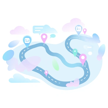 A detailed roadmap extends across a landscape, featuring various customer feedback stations strategically marked at different points along the path. Each station is represented by a distinct icon, such as a speech bubble or a clipboard, conveying the theme of customer interaction. The roadmap is filled with winding routes and colorful markers indicating potential stopping points, with labels such as "Satisfaction Survey" and "Product Review" next to each station. The surrounding area is illustrated with soft gradient pastel colors, enhancing the inviting nature of the roadmap.