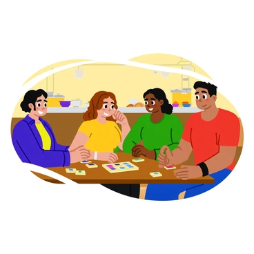 A group of four friends sitting around a wooden table in a cozy coffee shop. They are focused on a game of mahjong, with colorful tiles scattered across the table. Each friend displays a wide smile, showcasing their enjoyment. One friend has short black hair and is wearing a blue shirt, while another has curly brown hair and is dressed in a green sweater. The third friend, with long straight hair, is sporting a yellow top, and the fourth has an athletic build with a red t-shirt. In the background, a counter with various coffee cups and pastries is visible, adding to the warm atmosphere of the shop. Sunlight streams through the window, illuminating the scene.