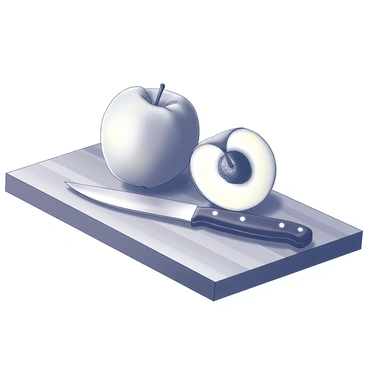 A whole peach resting on a wooden cutting board. A sharp knife is positioned next to the peach, with the blade angled towards it. The knife is ready to slice the peach in half, revealing the juicy interior. The cutting board has visible wood grain patterns and texture. There is a slight reflection of light on the knife's blade, emphasizing its sharpness. The scene captures a moment of preparation in a kitchen setting.
