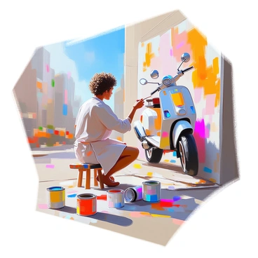 An artist creating a mural of a big moped on a city wall with paint cans around