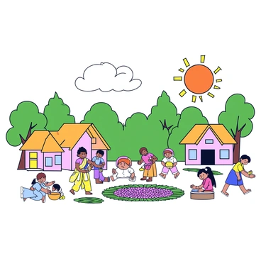 The sun is rising, casting a warm orange glow over a small village. Traditional houses with thatched roofs are visible, surrounded by lush greenery. Villagers, dressed in colorful traditional attire, are seen preparing for Onam festivities. Some are arranging flower petals to create intricate floral designs on the ground, while others are setting up banana leaves for the feast. A few children are playing nearby, adding a lively atmosphere to the scene.