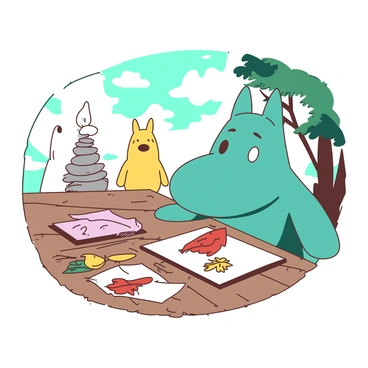 A teal Moomin with a round nose is sitting at a wooden table, surrounded by various natural materials for crafting. There are colorful leaves, twigs, and stones scattered across the table. Next to the teal Moomin, a white Moomin is carefully gluing a red leaf onto a piece of paper. In the background, a yellow Moomin is happily stacking small stones to create a tower. Sunlight filters through the trees, casting gentle shadows on the scene, highlighting the Moomins' focused expressions as they create art together.