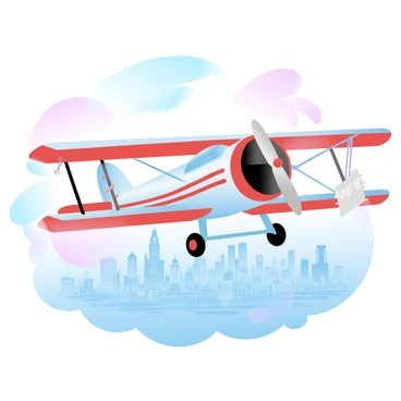 A vintage airmail biplane is flying over a bustling cityscape. The biplane has a distinct design with two wings, and it features bright red and white colors. Hanging from its sides are several mail bags, visibly tied securely. Below the aircraft, a sprawling city is visible, filled with tall buildings and busy streets. The buildings exhibit various architectural styles, creating a dynamic skyline. Soft gradient pastel colors fill the sky, adding a whimsical touch to the scene.