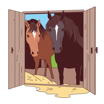 Two majestic horses, one in a rich brown coat and the other in a sleek black coat, are peeking out of a wooden stable. Their heads are turned slightly, showcasing their well-defined features and expressive eyes. The brown horse has a white star marking on its forehead, while the black horse has a subtle sheen that catches the light. The stable door is ajar, revealing a cozy interior with straw scattered on the ground. Outside, there is a hint of green grass and a bright blue sky, creating a perfect scene for a ride.