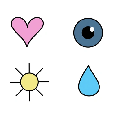 A minimalistic drawing featuring various symbols. The symbol for "love" is represented by a simple heart shape in bold red. The symbol for "fear" takes the form of an eye, depicted in dark blue. "Joy" is illustrated as a bright sun with rays extending outward in yellow. Finally, the symbol for "sadness" is a teardrop in soft blue. Each symbol is placed strategically on a plain white background, allowing them to stand out clearly.