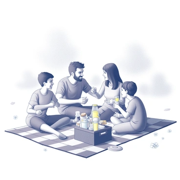 A family seated on a checkered blanket spread out on the grass in a park. There are four family members, including a father, a mother, and two children, all smiling and engaged in conversation. The picnic basket is open, revealing an assortment of sandwiches and a pitcher of lemonade with glasses beside it. The background features trees and a few scattered flowers, adding to the lively atmosphere of the park. A frisbee lies on the ground nearby, suggesting playful activities.