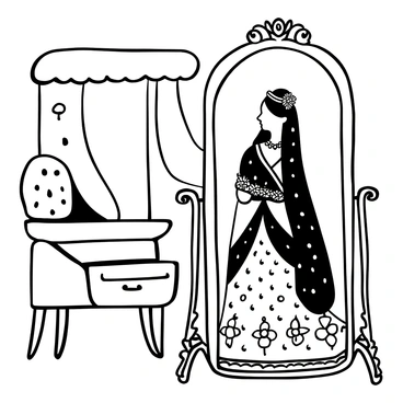 An Indian bride wearing a traditional ornate wedding gown is admiring her reflection in a full-length mirror. The gown features intricate embroidery and embellishments. Her hair is styled elegantly with decorative elements, such as flowers and jewels. The setting includes a richly decorated room with elegant furnishings and soft draping in the background. Shadows cast by the mirror enhance the details of the gown and accessories, creating a striking visual composition.