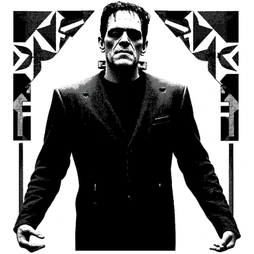 Frankenstein's monster is standing tall and imposing, with a square jaw and stiff posture. His skin appears rough and textured, with visible scars and stitches adorning his forehead and neck. He has wild, unkempt black hair that falls over part of his forehead. His eyes are large and intense, staring forward with a blank expression. He is dressed in a tattered, dark suit, which emphasizes his muscular build. The background features geometric patterns typical of art deco design, with sharp angles and symmetrical shapes surrounding him.