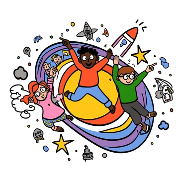 Characters jumping through a time portal, witnessing various historical events in comic form