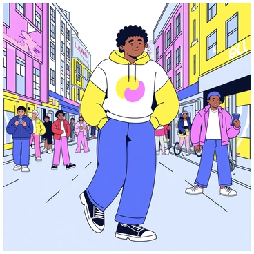 A person is wearing a loose-fitting oversized hoodie with a bold graphic design in bright colors. They have paired it with baggy cargo pants and sleek high-top sneakers. The person is walking confidently through a busy city street, surrounded by tall buildings and colorful storefronts. A mix of diverse pedestrians can be seen in the background, some looking at their phones, while others are chatting. Bright billboards hang overhead, adding to the lively atmosphere. The ground is paved with gray bricks, and a few bicycles are parked nearby.