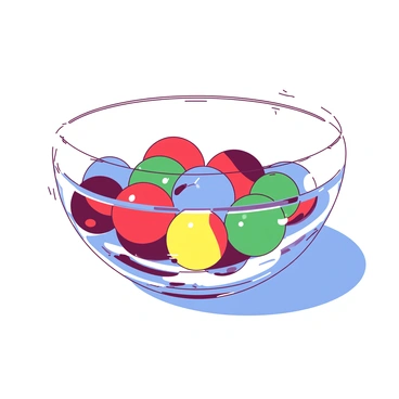 A transparent glass bowl is filled with translucent marbles of various sizes. The marbles reflect and refract light, showcasing different colors such as red, yellow, blue, and green. The bowl is placed on a smooth surface, and the marbles are scattered within, some overlapping and creating a layered effect. The light creates a shimmering effect as it passes through the marbles, illuminating the surface underneath the bowl.