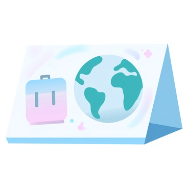 A greeting card features a large illustration of a globe, prominently displaying continents in vibrant colors. The globe is positioned in the center of the card. Beside the globe, there is an icon of a suitcase, designed with a simple and sleek outline. The suitcase is slightly angled as if ready for travel. The background of the card is colored in soft gradient pastel shades, enhancing the travel theme.