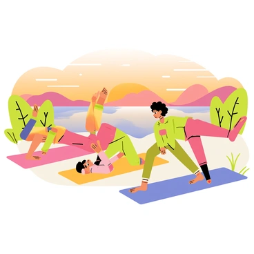 Participants at a yoga retreat performing knee planks on colorful yoga mats. The scene takes place at sunrise, with vibrant orange and pink hues lighting up the sky. The tranquil lake reflects the colors of the sunrise, creating a serene backdrop. Each participant displays a different pose, wearing comfortable, bright workout attire. Surrounding the lake, there are gentle green trees and soft grass, enhancing the peaceful atmosphere of the retreat.