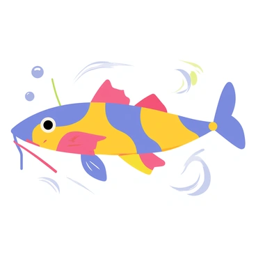 A catfish with a long, elongated body characterized by a wide, flat head. The catfish has large, expressive eyes and prominent whiskers extending from its snout. Its skin is covered in vibrant, bold colors such as deep blues, bright yellows, and striking reds. The catfish is swimming through water, with swirls of lighter blue and green to represent the aquatic environment surrounding it. Bubbles rise around the catfish, adding to the sense of movement and liveliness in the scene.