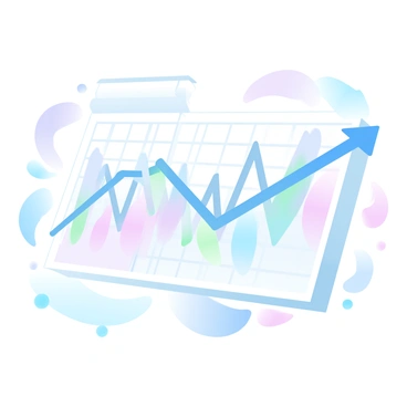 A dynamic stock market chart is displayed prominently, featuring a grid layout with various price fluctuations. The chart is filled with colorful lines that represent stock prices, with some lines ascending steeply while others are declining. Numerous arrows are incorporated into the design, with some arrows pointing upwards to indicate increases and others pointing downwards to signify decreases. The background is composed of gradient pastel colors that create an engaging visual effect.