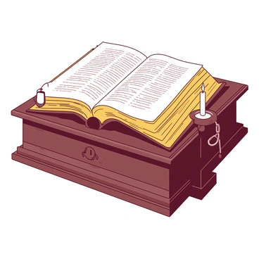 An open Bible rests on a wooden lectern, showcasing its gold-trimmed pages. The lectern is crafted from dark wood, displaying intricate carvings along its edges. The Bible's pages are fanned out slightly, and the text is clearly visible on the cream-colored sheets. Soft light illuminates the scene, highlighting the glossy gold trim of the pages. Small decorative elements such as a candle and a pair of reading glasses are placed next to the Bible on the lectern, adding to the serene atmosphere of the setting.