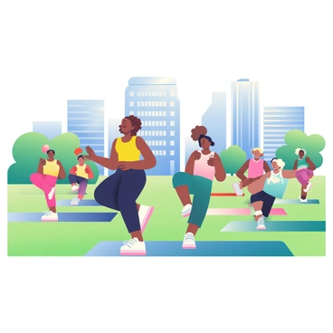 An aerobics class is taking place in a sunny park. A diverse group of participants is engaged in various exercises, with some stretching and others performing jumping jacks. A woman with curly brown hair is leading the class, wearing a bright yellow tank top and black leggings. The participants are on exercise mats in different colors, such as blue, pink, and green. In the background, a city skyline is visible, showcasing tall buildings with glass windows reflecting sunlight. The grass in the park is vibrant green, with a few trees providing shade near the edge of the scene.