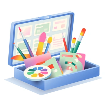 A digital toolbox is open, filled with various stock illustration tools. There are colorful paint brushes in different sizes, with vibrant bristles in shades of blue, red, and yellow. Next to them, a palette displaying an array of colors is placed, showcasing rich hues and soft pastels. There are several graphic design templates scattered throughout the toolbox, featuring different layouts and designs. The toolbox itself is a sleek, modern design with a glossy finish, and it sits on a light surface, casting soft shadows.
