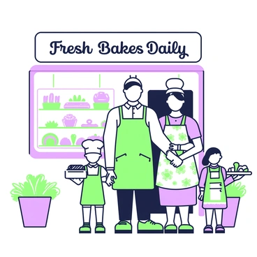 A family of bakers is standing proudly in front of their bakery. The family consists of a father, a mother, and two children. The father is wearing a white chef's coat and a baker's hat, while the mother is dressed in a floral apron over a simple dress. The children, a boy and a girl, are wearing matching aprons and are holding freshly baked bread and pastries. The bakery behind them features a large display window filled with an assortment of bread loaves, pastries, and cakes. The sign above the bakery reads "Fresh Bakes Daily" in a prominent font. The entrance is adorned with flower pots on either side.